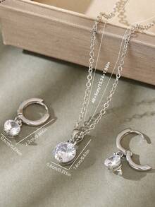 1套豪華優雅黃銅心型吊墜耳環和水滴項鍊套裝,適用於婚禮 - 銀色 - 查看 2