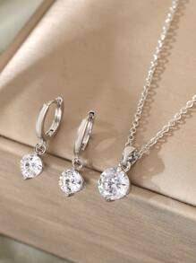 1套豪華優雅黃銅心型吊墜耳環和水滴項鍊套裝,適用於婚禮 - 銀色 - 查看 3