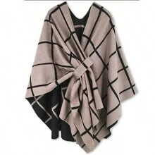 Chal, bufanda, poncho, ruana, capa, cárdigan de mujer para otoño e invierno - Caqui - Ver 1