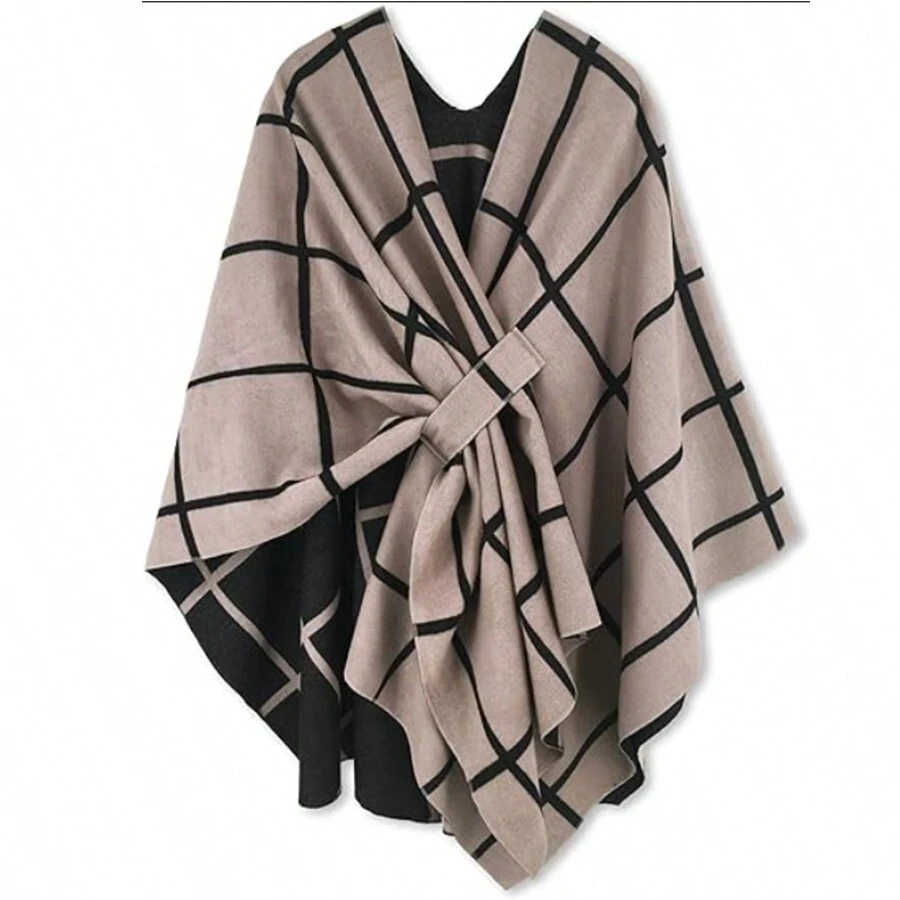 Chal, bufanda, poncho, ruana, capa, cárdigan de mujer para otoño e invierno - Caqui - Ver 1