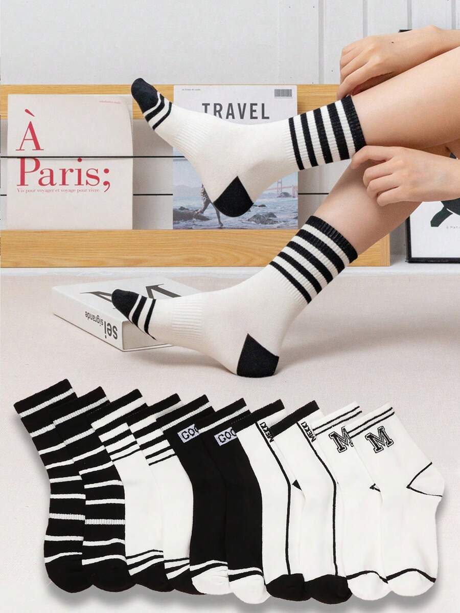 Hombres 10 Pares De Calcetines De Tubo Medio Estampados a rayas de estilo callejero - Blanco y Negro - Ver 1