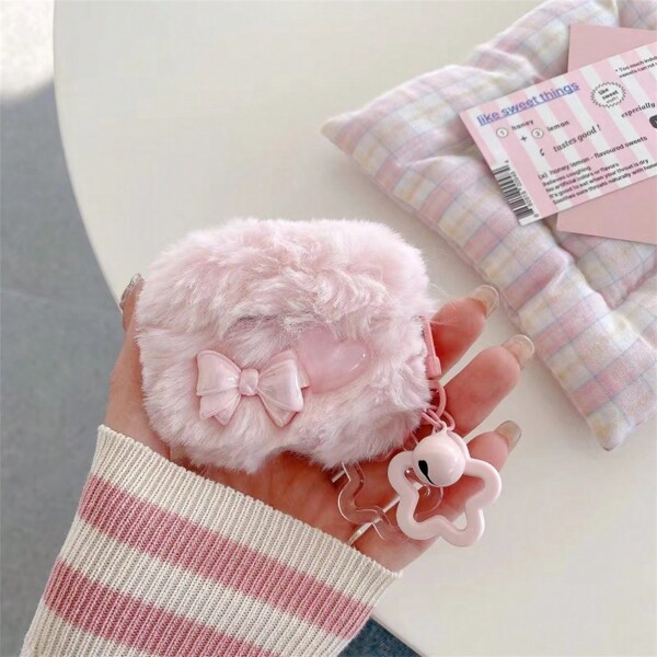 Funda fashionable en forma de corazón con lazo suave y esponjoso compatible con AirPods 1/2/AirPods Pro/AirPods 3/AirPods Pro (2da Generación), sin incluir los AirPods