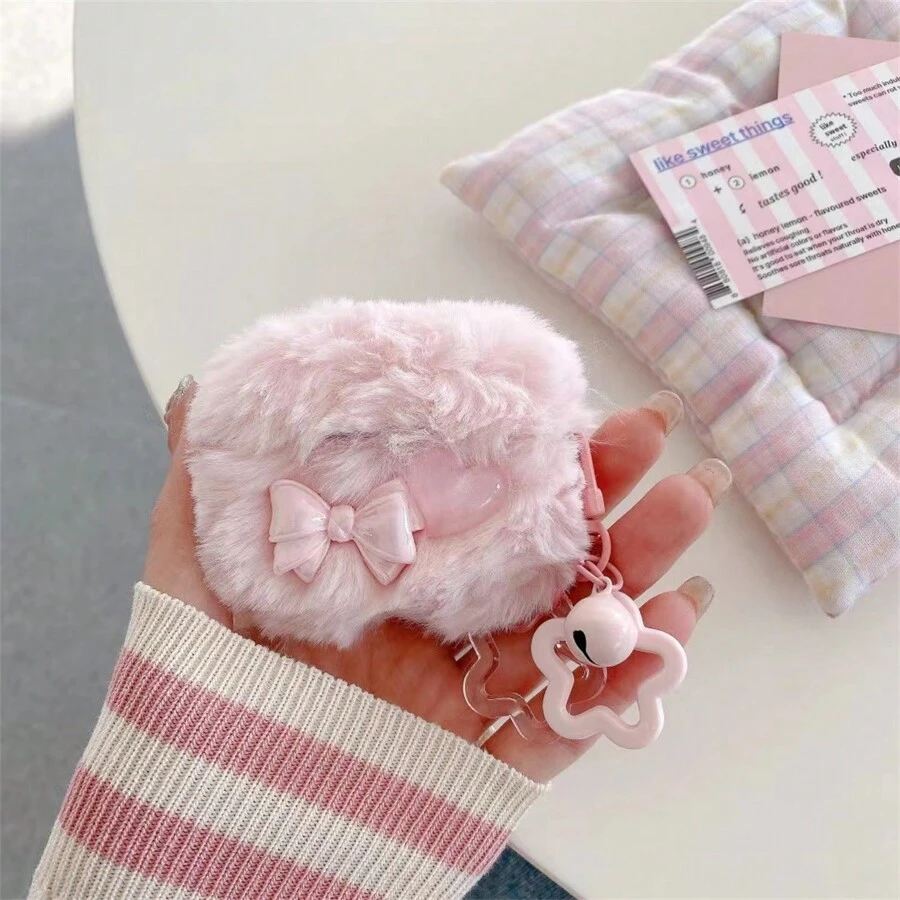 Funda fashionable en forma de corazón con lazo suave y esponjoso compatible con AirPods 1/2/AirPods Pro/AirPods 3/AirPods Pro (2da Generación), sin incluir los AirPods