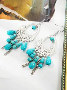 多層中空圓形綠松石裝飾耳坠,復古波西米亞風格合金珠寶,度假耳飾 - 彩色 - 查看 4