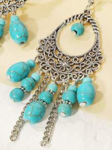 多層中空圓形綠松石裝飾耳坠,復古波西米亞風格合金珠寶,度假耳飾 - 彩色 - 查看 2