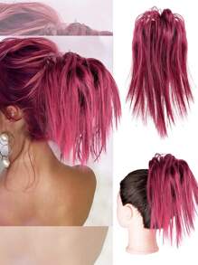 Messy Bun Hair Piece Claw Clip In Hair Buns Hair Piece For Women Straight Short High Ponytail Extension Tousled Updo Faux Hair Bun Scrunchies For Girls - Red - View 2