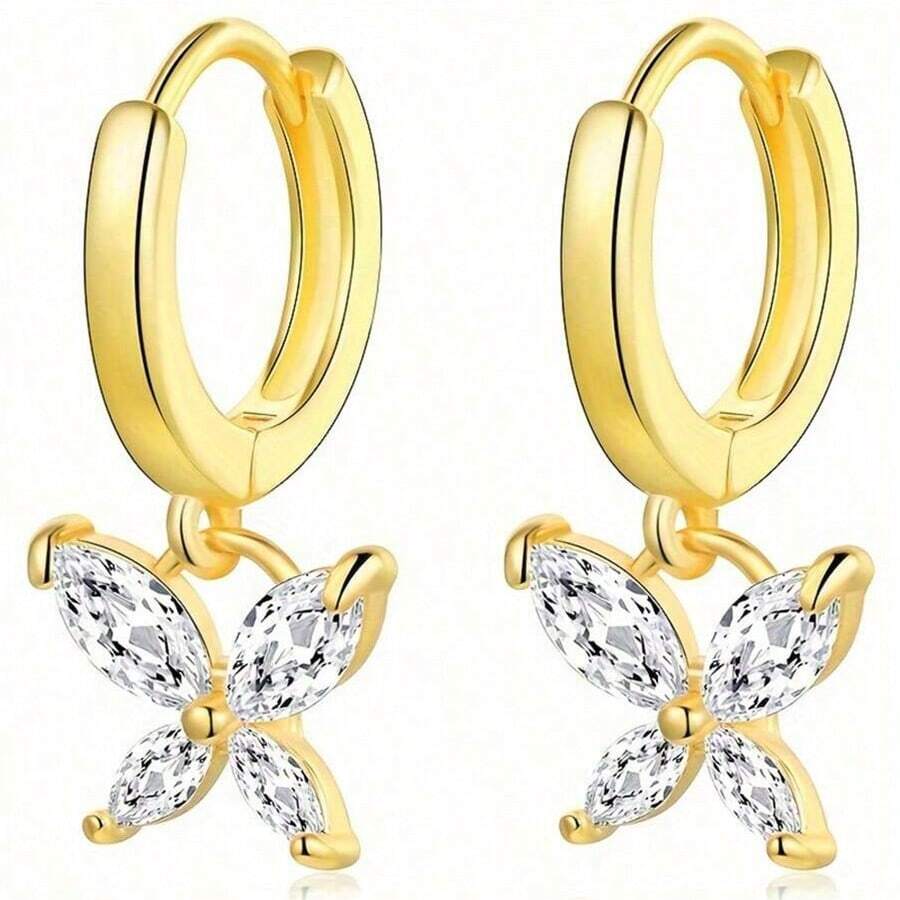 2pcs Fashionable & Creative Butterfly Pendant Circle Earrings With Stone, Hypoallergenic, Perfect For Festival & Christmas Gifts - Gold - View 1