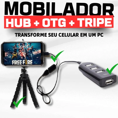 Mobilador Hub Usb 2.0 Ultra Rápido + Adaptador Otg Tipo c Ou Micro Usb v8 + Suporte Tripé universal