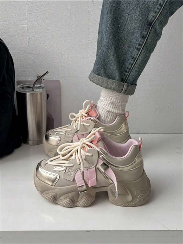 Women's Plus Size Pink Chunky Sneakers With Thick Sole, New Spring & Autumn Height Increasing Casual Sports Shoes