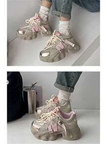 Women's Plus Size Pink Chunky Sneakers With Thick Sole, New Spring & Autumn Height Increasing Casual Sports Shoes