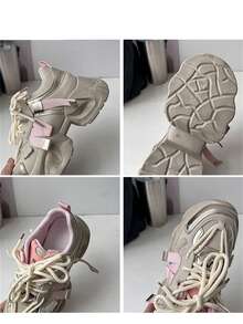 Women's Plus Size Pink Chunky Sneakers With Thick Sole, New Spring & Autumn Height Increasing Casual Sports Shoes