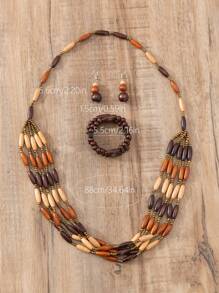 4pcs/Set Bohemian Style Wooden Multi-Layer Necklace, Earrings, Bracelet Jewelry Set For Women