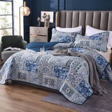 Qucover Tagesdecke Patchwork 220x240cm, Blau Bettüberwurf für Doppelbett Vintage Stil, Gesteppte Sommerdecke mit Kissen Set, aus Baumwolle & Polyester, Shabby chic - Blau - Übersicht 2