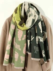 1pc Women'S Casual Cat Pattern Animal Style Green Warm Scarf Shawl Suitable For Daily Parties In Autumn And Winter - Green - View 2