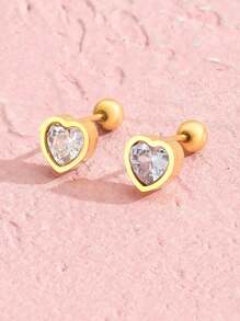 1對時尚簡約不鏽鋼心形立方氧化鋯裝飾耳釘,適用於女孩甜美派對珠寶,兒童生日禮物 - 金黃色 - 查看 6
