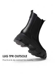 Women's Platform Chelsea Boots Lug Sole Combat Mid Calf Slip On Chunky Ankle Booties - 黑色/PU - 查看 10