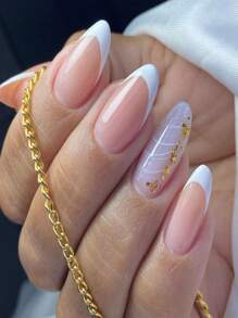 24 件/套 按壓式指甲,歐美風格,法式尖頭帶金線和閃光,適合女士和女孩,適合日常穿著和任何場合 - 白色 - 查看 1