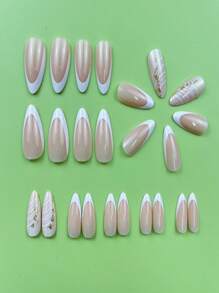 24 件/套 按壓式指甲,歐美風格,法式尖頭帶金線和閃光,適合女士和女孩,適合日常穿著和任何場合 - 白色 - 查看 2