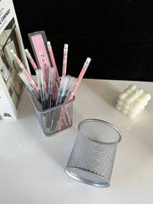 1個鐵製筆筒桌面組織桶,空心圓/正方形設計,簡約多功能辦公文具,適用於學生,彩色設計 - 銀色 - 查看 6