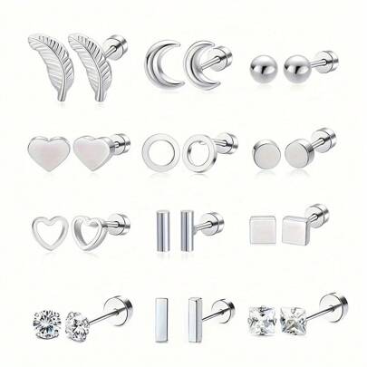 PMKMKM 12 pares de pendientes de acero inoxidable: corazón/luna/pluma/bola/disco/corazón hueco/cuadrado/círculo/barra/pendientes de tachuelas con circonita cúbica para San Valentín, mamá, madre, Día de la Madre, regalo
