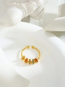 1個s925純銀指環可旋轉珠子和彩色立方氧化鋯石裝飾,簡約、時尚、西式風格的指環 - 金色 - 查看 5