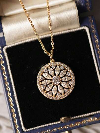 BALMORA 1pc Vintage Palace Style S925 Sterling Silver Sunflower Zirconia Pendant Necklace With Gold Plated Chain, Valentine's Day Gift For Women