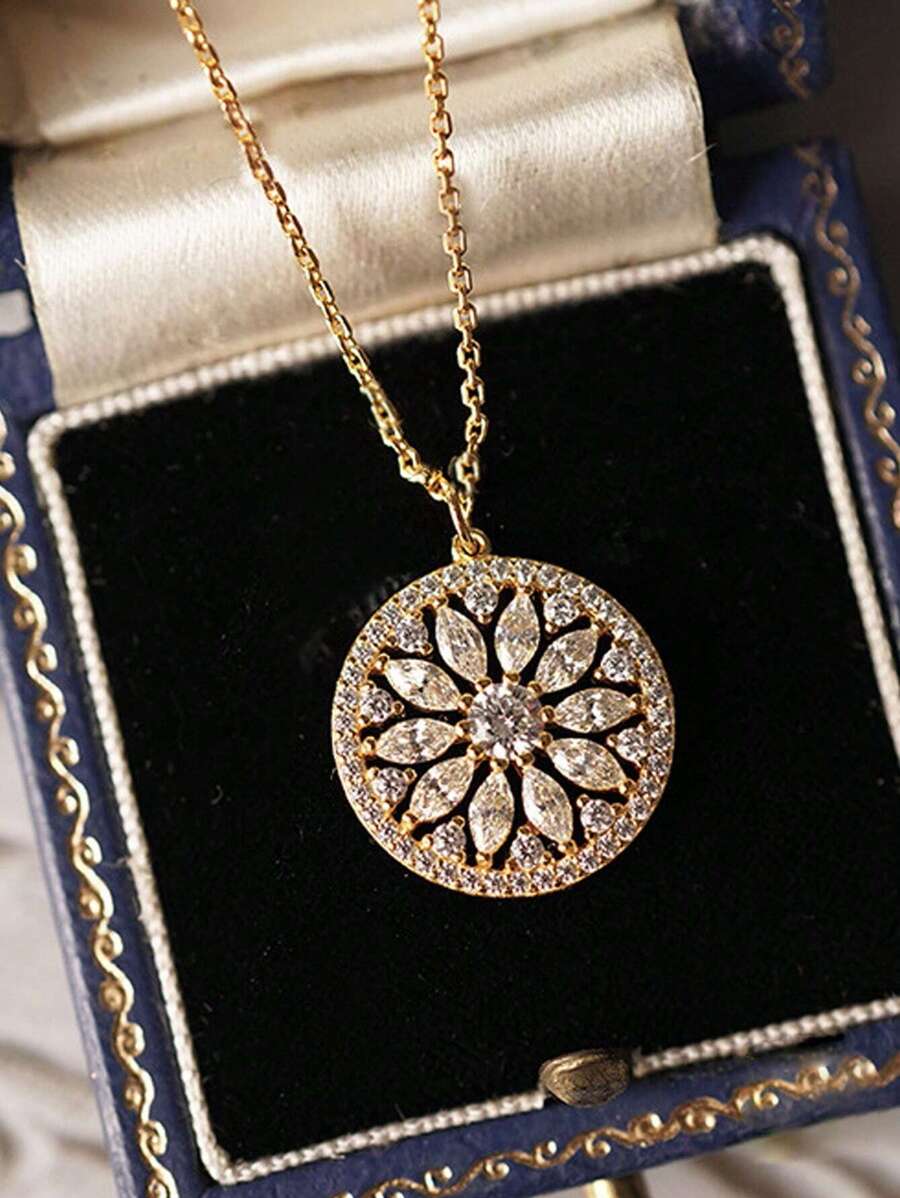 BALMORA 1 chiếc dây chuyền mặt dây chuyền hình hoa hướng dương bằng bạc sterling S925 kiểu cổ điển, đính đá Zirconia, kèm dây chuyền mạ vàng, quà tặng ngày Valentine cho phụ nữ.