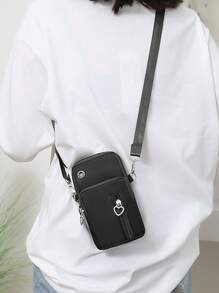 女士休闲运动户外活动手机包手腕包多层纯色零钱包斜挎包印花任意位置单肩包2023新款欧美风格迷你简约多层手机钱包带绳竖款零钱包适合上学拉链便携多功能可爱时尚女士钱包黑色包包礼物礼物教师节礼物心形钱包兼容包袋手机 - 黑色 - 查看 2