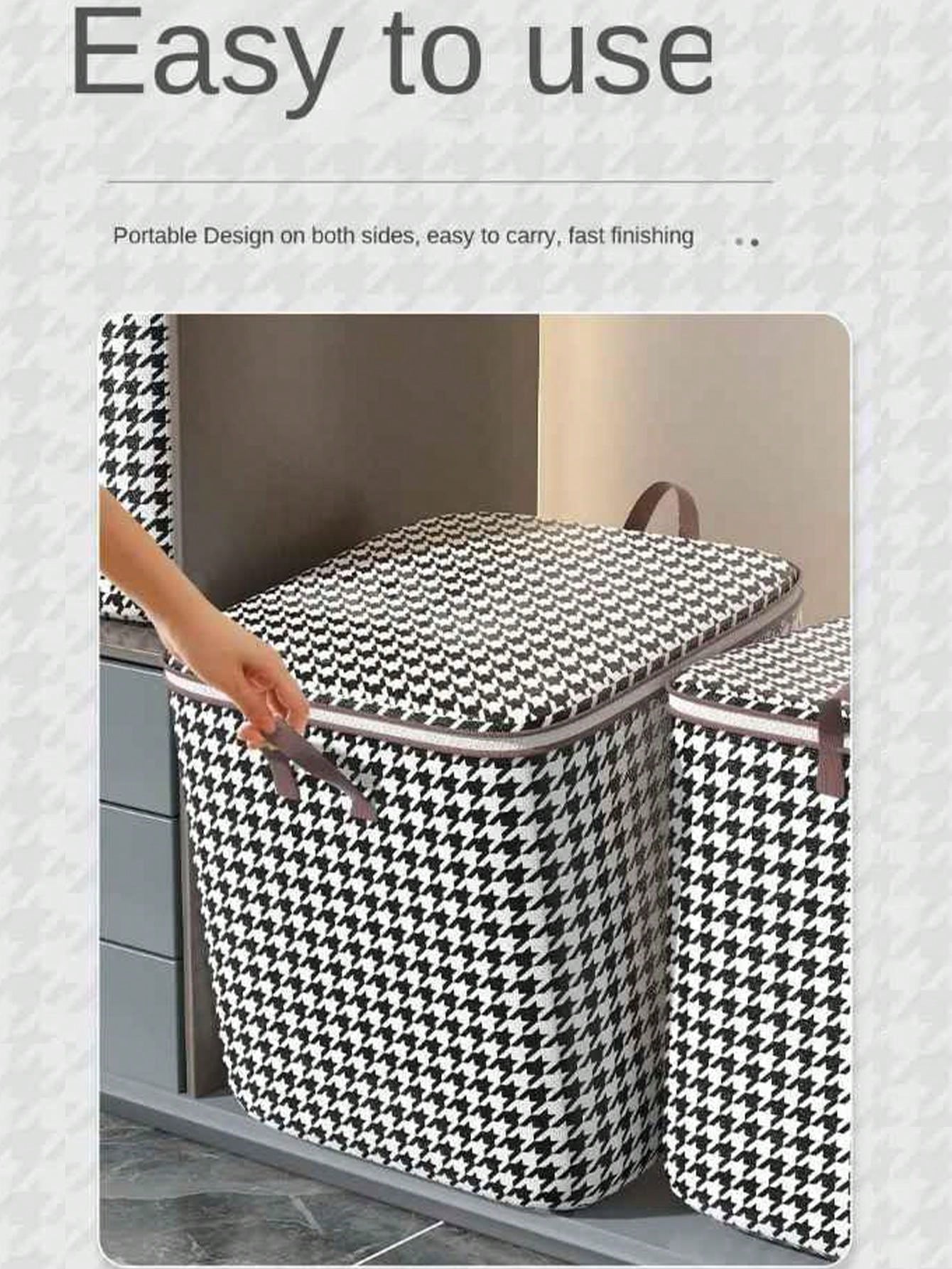 1pc Large Houndstooth Storage Box With Handles, Clothes Quilts Storage
