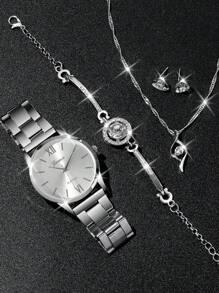 5 cái Sành điệu Và Tối giản Dạng hình tròn Kiểu Con trỏ Của phụ nữ Thép Ban nhạc Đồng hồ thạch anh + Hợp kim Trắng đá Kim cương Vòng tay Hoa tai Dây chuyền Sự phối hợp Bộ , Thích hợp Đối với Của phụ nữ Hằng ngày Đồ trang trí - Bạc - Xem 5