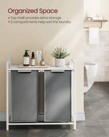 VASAGLE Laundry Hamper, Laundry Basket, Laundry Sorter With 2 Pull-Out And Removable Bags, Shelf, Metal Frame, 2 X 12.1 Gallons (46L), 28.8 X 13 X 28.4 Inches, White, Gray, Black, Light Gray - 淺灰色 - 查看 2