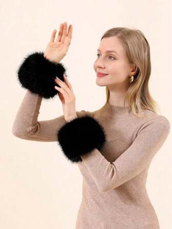 1pair Faux Rabbit Fur Sleeve And Wrist Cuffs Set For Women's Outfit Decoration, Winter