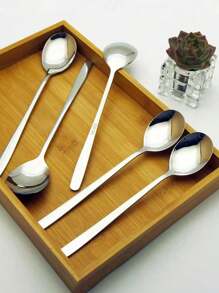Thép không gỉ Tay cầm dài Cái thìa , Hàn Quốc Phong cách , Người lớn Bộ đồ ăn , Muông ăn sup , Người Nhật Bản Muông ăn sup - Bạc - Xem 6