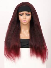 24 Inches Yaki Straight Burgundy Hair Wig With Headband Wig For Women Kinky Afro Long Synthetic Hair Wigs Heat Resistant - Burgundy - View 2