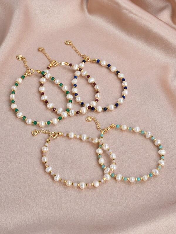 1pc Fashionable 18K Gold Plated Beaded Natural Pearl, Natural Crystal, Natural Stone Bracelet For Women