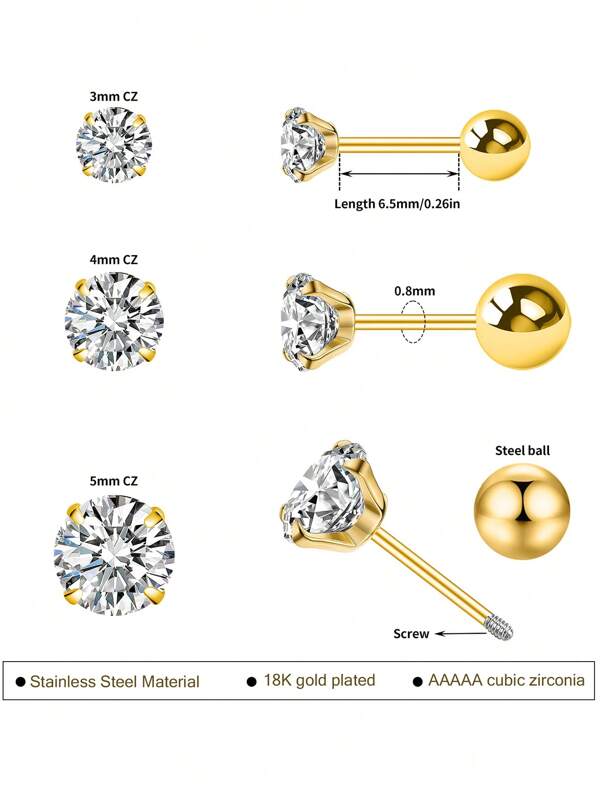 Set de 6 piezas de pendientes de nariz y oreja chapados en oro/plata de 18k con cristal cuadrado y circonita cúbica decorada, de 2-3-4mm, adecuado para uso diario, Día de San Valentín, Carnaval, regalo del Día de la Madre, Mamá, Madre, Día de la Madre, Regalo
