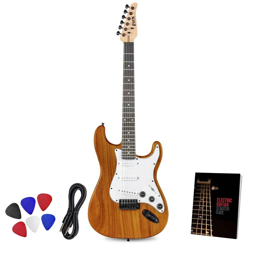 LyxPro CS Beginner 39" Stratocaster Electric Guitar & Electric Guitar Accessories Players With Guitar, Amp Cable, 6 Picks & Learner'S Guide, Solid Wood Body, Volume/Tone Controls, 5-Way Pickup - 桃花心木 - 查看 1