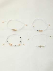 4 件时尚圣母玛利亚手工编织手链 适合女士女孩 邪眼心形珠子脚链 珠宝礼物 情人节 - 白色 - 查看 5