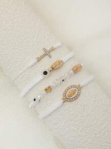 4 件时尚圣母玛利亚手工编织手链 适合女士女孩 邪眼心形珠子脚链 珠宝礼物 情人节 - 白色 - 查看 2