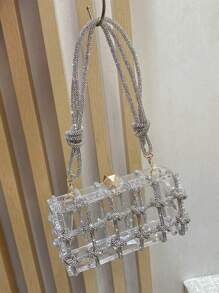 Moonlit EveBag Women'S Fashionable Shiny Rhinestone & Rope Decor Translucent Acrylic Square Clutch, Perfect For Dinner Party, Prom, Valentine'S Day Gift, Etc.