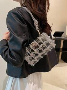 Moonlit EveBag Women'S Fashionable Shiny Rhinestone & Rope Decor Translucent Acrylic Square Clutch, Perfect For Dinner Party, Prom, Valentine'S Day Gift, Etc.