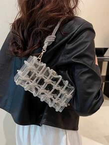 Moonlit EveBag Women'S Fashionable Shiny Rhinestone & Rope Decor Translucent Acrylic Square Clutch, Perfect For Dinner Party, Prom, Valentine'S Day Gift, Etc.