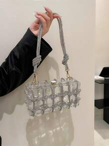 Moonlit EveBag Women'S Fashionable Shiny Rhinestone & Rope Decor Translucent Acrylic Square Clutch, Perfect For Dinner Party, Prom, Valentine'S Day Gift, Etc.