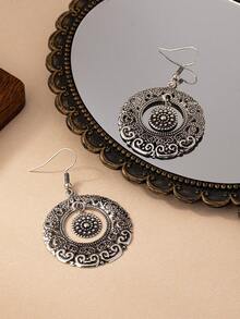 1對時尚波希米亞風格中空金屬復古吊墜耳環,女性日常佩戴 - 復古銀色 - 查看 1