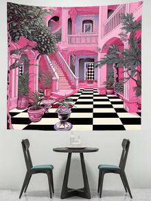 1 件粉紅色房屋和植物圖案印花掛毯 - 彩色 - 查看 3