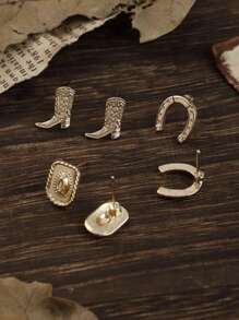 3對組西部風格牛仔帽和靴子造型耳環,女性時尚珠寶 - 金色 - 查看 1