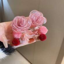 1對網紗、毛球、珍珠和樹脂花耳環,甜美時尚的耳飾,適合女性日常佩戴和節日禮物 - 粉色 - 查看 7