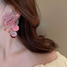 1對網紗、毛球、珍珠和樹脂花耳環,甜美時尚的耳飾,適合女性日常佩戴和節日禮物 - 粉色 - 查看 5