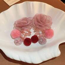 1對網紗、毛球、珍珠和樹脂花耳環,甜美時尚的耳飾,適合女性日常佩戴和節日禮物 - 粉色 - 查看 2