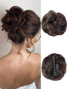 女士凌乱发髻发夹，凌乱波浪卷发发髻接发，蓬松盘发发髻夹式合成假发马尾辫（深棕色） - Dark Brown - 查看 2